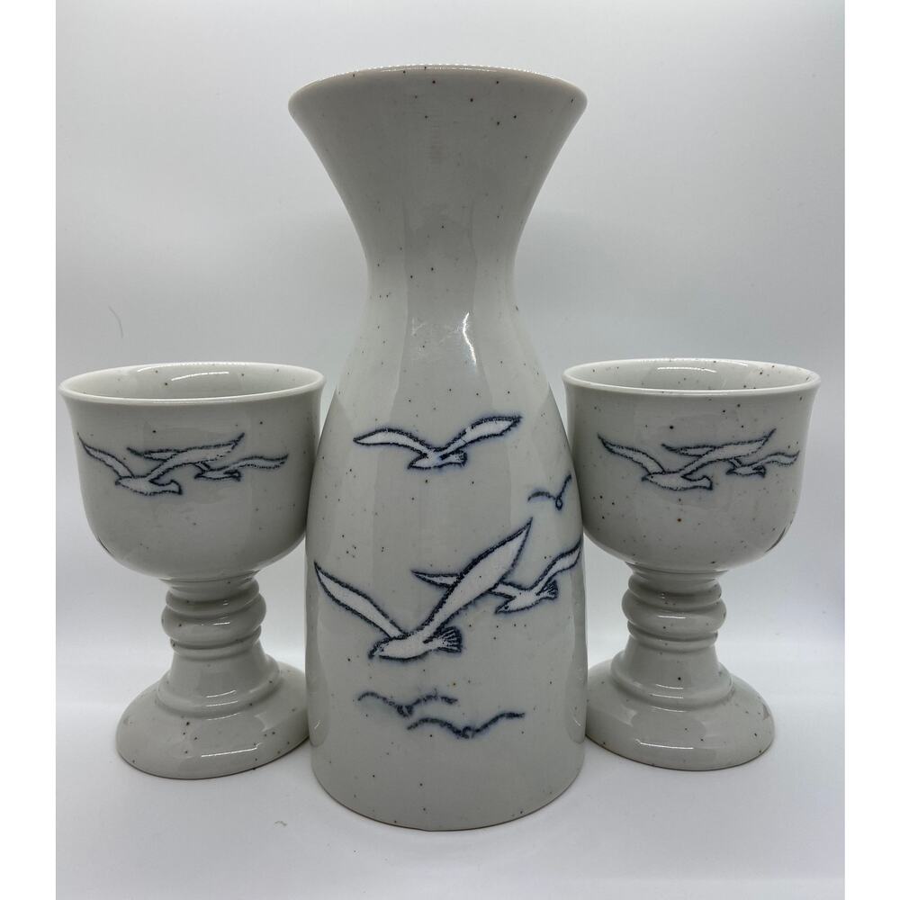 Vintage Otagiri Seagulls Carafe and 2 Goblets Made in Japan
